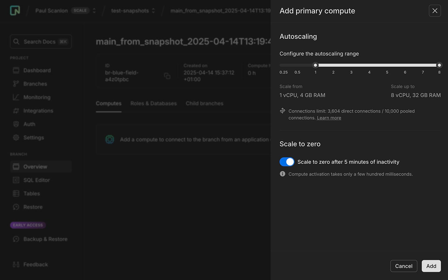Screenshot of Neon console displaying Autoscaling settings