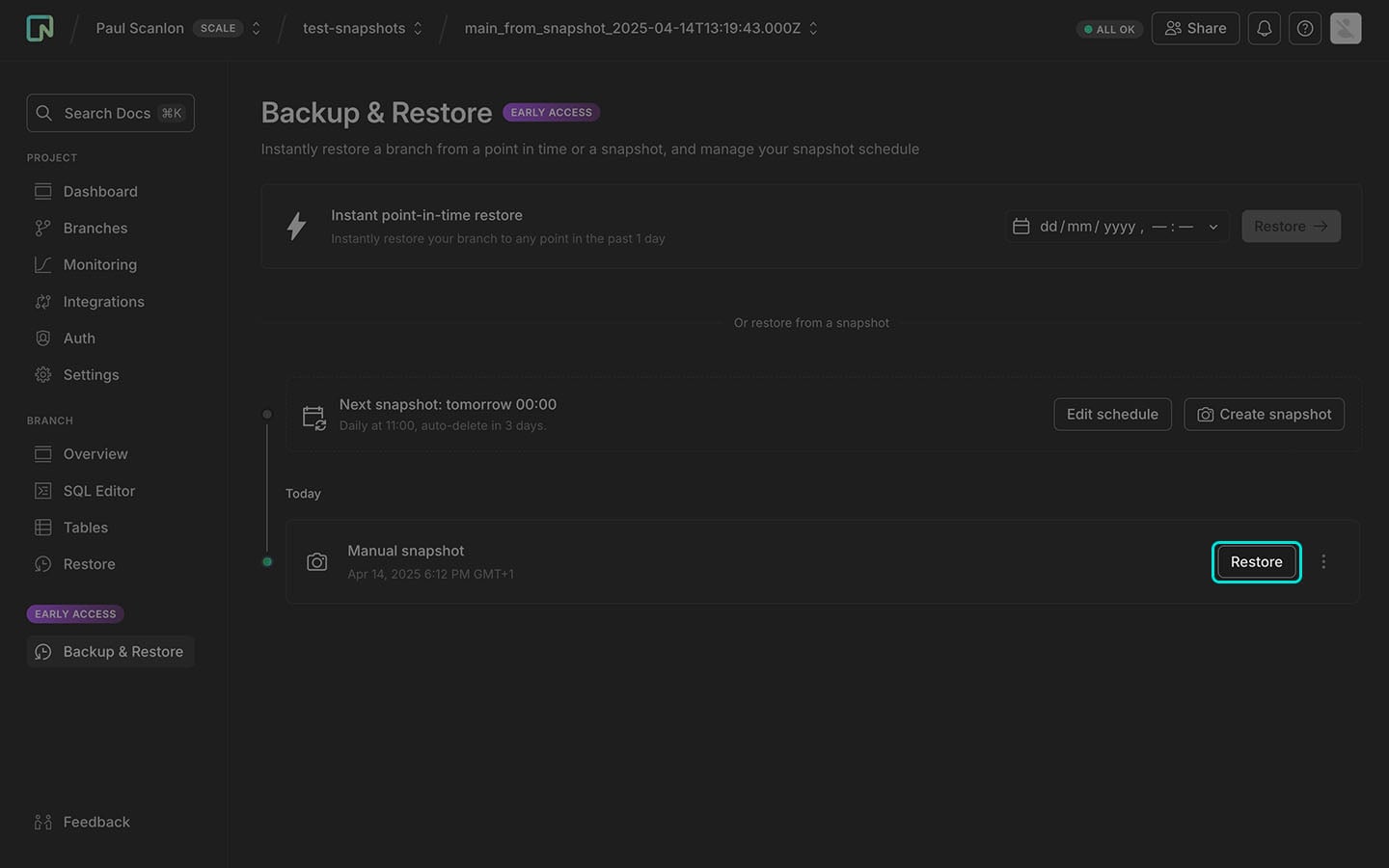 Screenshot of Neon console with Restore button highlighted